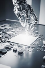 Autonomous AI-powered robotic arm precisely assembling microchips on factory floor under intense cool white lighting with metal surface reflections