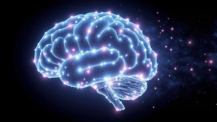 Digital brain graphic with glowing synapses and neural network connections radiating electric blue and violet light on black background