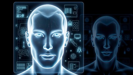 AI-powered facial recognition system displaying real-time biometric data and scanning grids on transparent screen