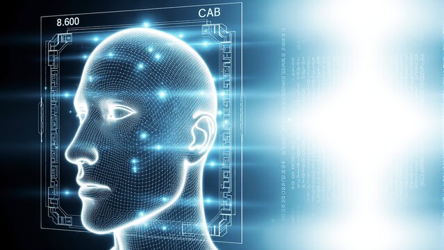 AI-powered facial recognition system displaying real-time biometric data and scanning grids on transparent screen