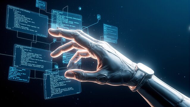 Robotic AI hand interacting with floating holographic programming code and digital algorithms in blue cyber space