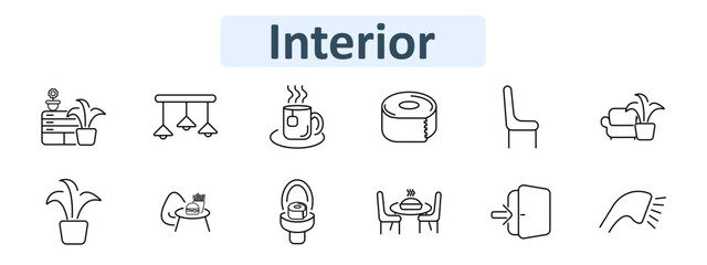Interior set icon. Outline icons display cabinet with flowerpot, potted plant, ceiling lamp, tea cup on saucer, toilet paper roll, chair, armchair with plant, table with meal, toilet, dining table