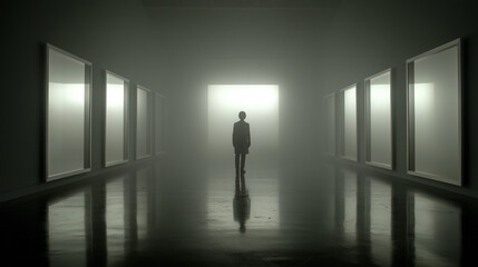 Fototapeta premium A man stands near the door of infinity, surrounded by mirrors and mist.