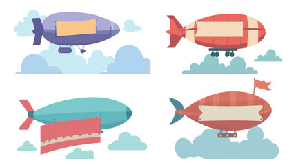 Vector illustration of a blimp flying in the sky with a trailing banner, customizable space for personal or promotional text, clear blue background with soft clouds, ideal for advertising