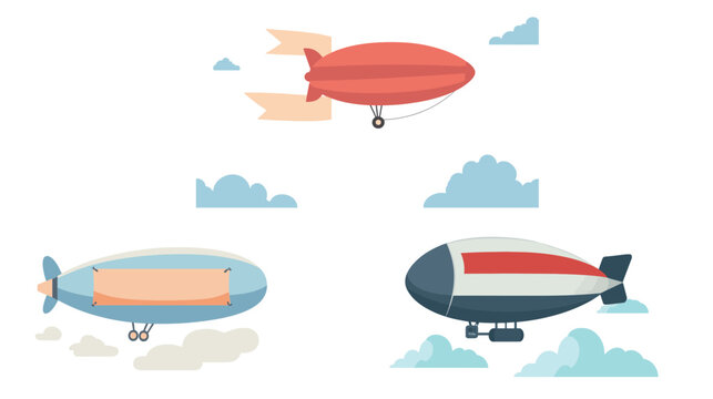 Vector illustration of a blimp flying in the sky with a trailing banner, customizable space for personal or promotional text, clear blue background with soft clouds, ideal for advertising