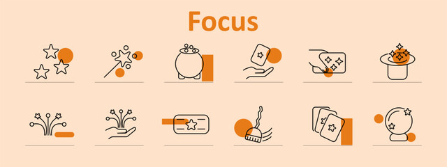 Focus set icon. Shows stars, sparkles, cards, magic wand, hand gestures, top hat, crystal ball, fireworks, emphasizing magic, attention, clarity, all with sleek linear style