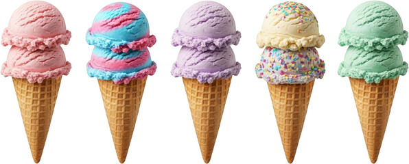 Five colorful ice cream cones with double scoops one featuring sprinkles transparent background