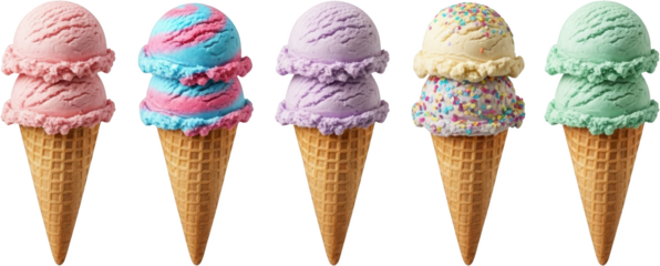 Five colorful ice cream cones with double scoops one featuring sprinkles transparent background