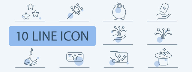 Magic and fantasy set icon. Stars, wand, spark hand, potion pot, playing cards, magical hat, ticket, sparkle trail, stage glow drawn in simple outline and rounded decor