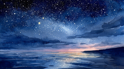 Naklejka premium 夜空と海の水彩イラスト