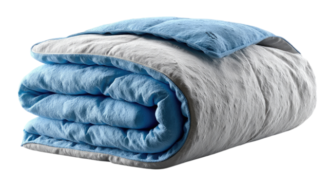 Cozy Comfort: A neatly folded duvet in soft blue and grey tones invites warmth, comfort, and serene sleep experiences.