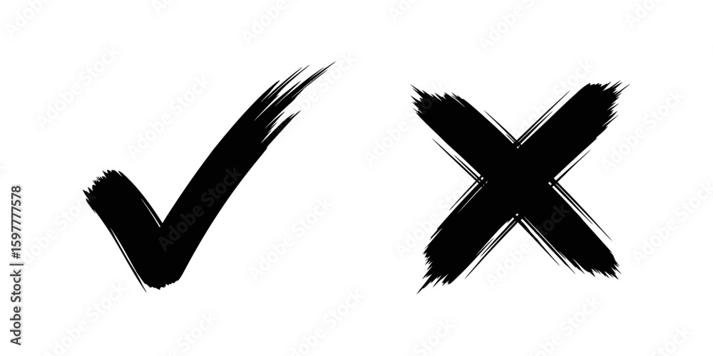 Poster hand drawn check and cross mark with sketchy thin brush stroke style for doodle design element symbo
