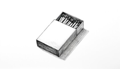 Minimalist line art illustration of matchbox with matches. Sketch on white paper emphasizes simplicity, contrast. Isolated object with clean lines, shadow detail, representing creativity, classic