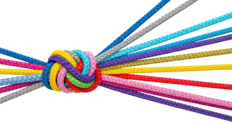 Knotted colorful ropes converge showing diversity and connection isolate