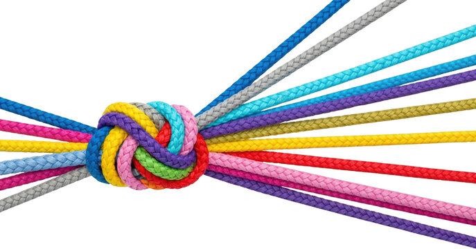 Knotted colorful ropes converge showing diversity and connection isolate