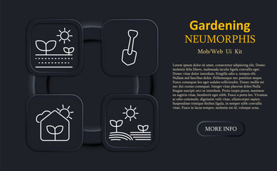 Gardening set icon. Plants under sun, gardening shovel, greenhouse, cultivated fields, minimalist outline, rounded squares, neumorphic digital style, simple linear design, mobile interface.