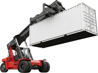 Red container handler lifting a white shipping container isolate forklift