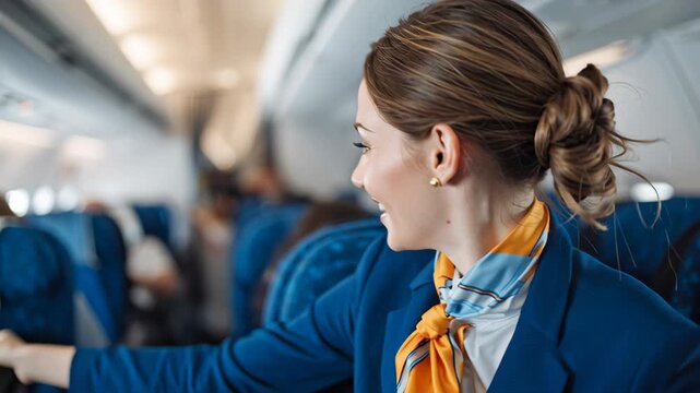 Smiling Flight Attendant Interacting with Passengers on Airplane