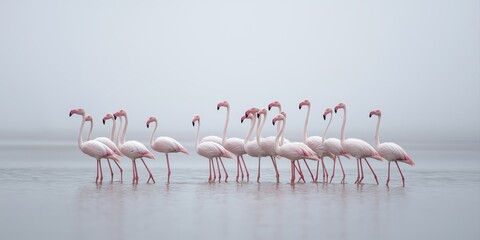 group of pink flamingos in tranquil evening light