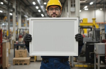Man in factory wearing yellow hard hat, glasses, gloves holds blank white frame. Industrial setting with machinery. Represents project development, craftsmanship, and industrial production.