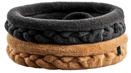 Stylish Cozy Neck Warmers: A close-up shot captures two soft neck warmers stacked upon each other. The top warmer is a dark gray, while the bottom is a light brown.