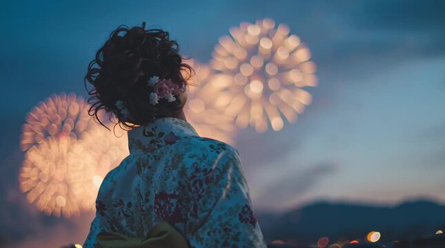 花柄の浴衣を着た日本の若い女性が夏の夜空の花火を見る後ろ姿：ロマンチックでノスタルジックな雰囲気｜花火,浴衣,夏祭り,女性,夜景


