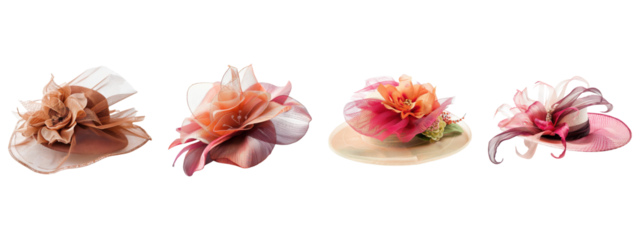 Four floral derby hats with transparent background