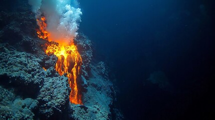 Dramatic deep sea underwater volcanic eruption or hydrothermal vent with glowing lava