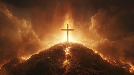 Holy cross standing above a radiant Golgotha hill, symbolizing Jesus Christâ€™s death and resurrection 