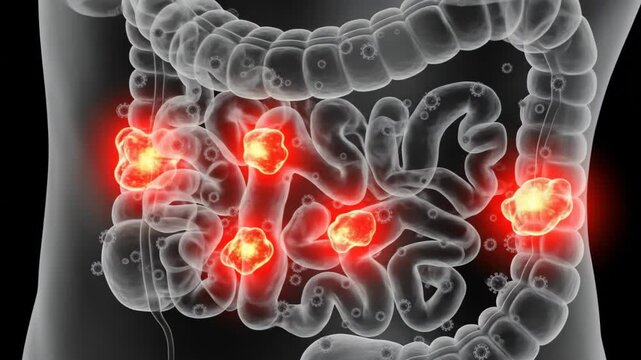 A 3D animation depicts cancerous tumors and viral particles affecting the human intestines, illustrating digestive system disease and health issues.