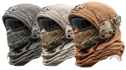 Combat Gear in Multiple Shades: A set of advanced combat headwear, each in a distinct color, embodies resilience and readiness, showcasing essential tactical features for any mission.
