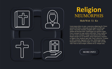 Religion set icon. Bible, nun figure, cross, hand with holy book in outlined neumorphic style for faith, worship, belief, church or spirituality UI applications