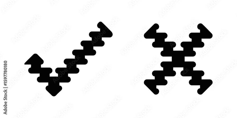 Poster black check and cross mark with wavy zig zag line pattern for creative icon design element symbol of