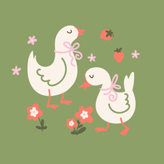 Geese and flowers isolated illustration