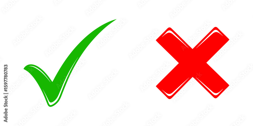 Poster green check and red cross mark with glossy 3d effect for modern web button icon choice option approv