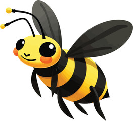 Fototapeta premium Vector art of a happy cartoon bee with large eyes flies forward on a white background