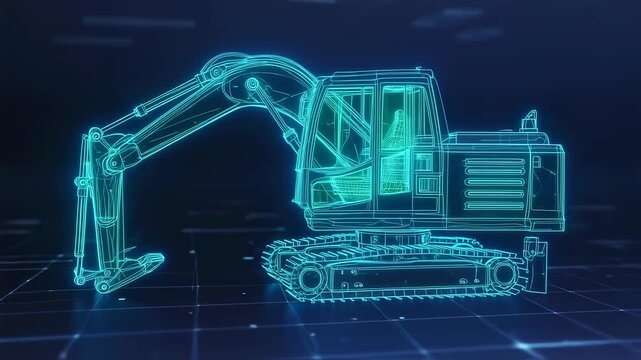 Digital blueprint of a glowing excavator