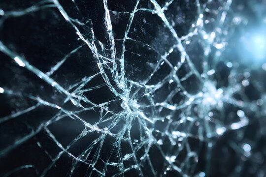Shattered safety glass showing cracks like spider web on dark background