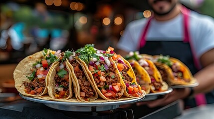 Hispanic cook proudly holding a plate of tacos at a vibrant and colorful food truck festival 