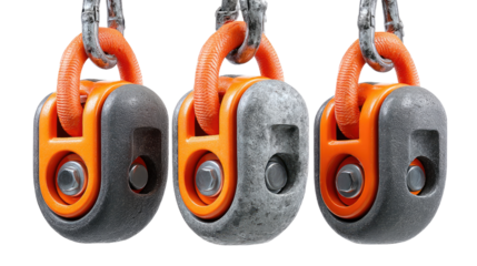 Industrial Strength: Three industrial lifting shackles, showcasing robustness, are linked by sturdy metal chains, against an unblemished backdrop