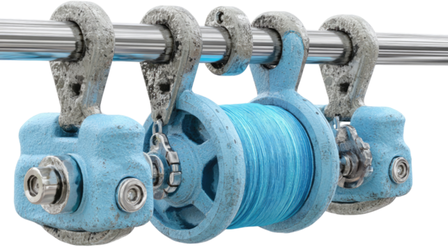 Nautical Reels: Three vintage-styled blue fishing reels hang from a metal rod, their intricate mechanisms and vibrant blue thread capturing the essence of fishing heritage and craftsmanship. 