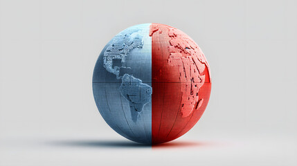 A digitally rendered globe split into blue and red hemispheres, symbolizing division and global perspectives.