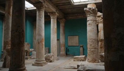 Ancient Greek ruins with stone columns, arches inside Museo Archeologico, Reggio Calabria, Italy. Turquoise walls showcase historical artifacts, architectural remnants, illuminated by natural light