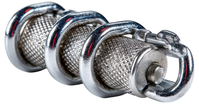 Metal Roller Clasp: A high-angle, studio shot of a polished metal roller clasp, intricately designed with textured rollers and secure locking mechanism.
