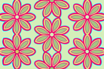 Obraz premium Retro floral pattern with pink yellow and green petals vintage flowers