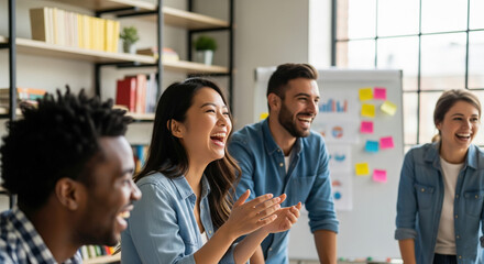 Obraz premium Team high five celebration in office