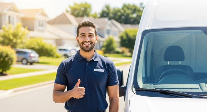 Smiling delivery driver with thumbs up near his van. Ideal for moving company, logistics, shipping, courier service, local business, or home service advertising. - Powered by Adobe