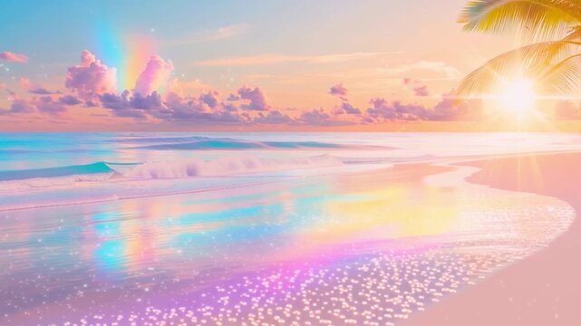 Iridescent Pastel Beach with Rainbow Light and Sun 