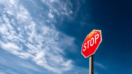 Weathered stop sign against a clear blue sky with fluffy clouds.