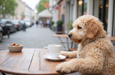 Fluffy golden doodle dog sits at outdoor cafe table, paws on wood. Coffee cup, dog treats, pet-friendly city street dining scene. Relaxed, happy companion enjoying fresh air and morning meal.